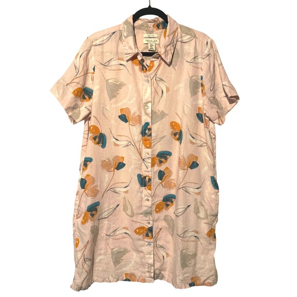 Rachel Zoe 100% Linen Shirt XL Dress Cover Up Pink Floral Button Down‎ ResortEUC - Picture 1 of 8
